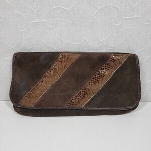 Vintage Korea Clutch Handbag 12" Brown Suede Leather Faux Snake Trim